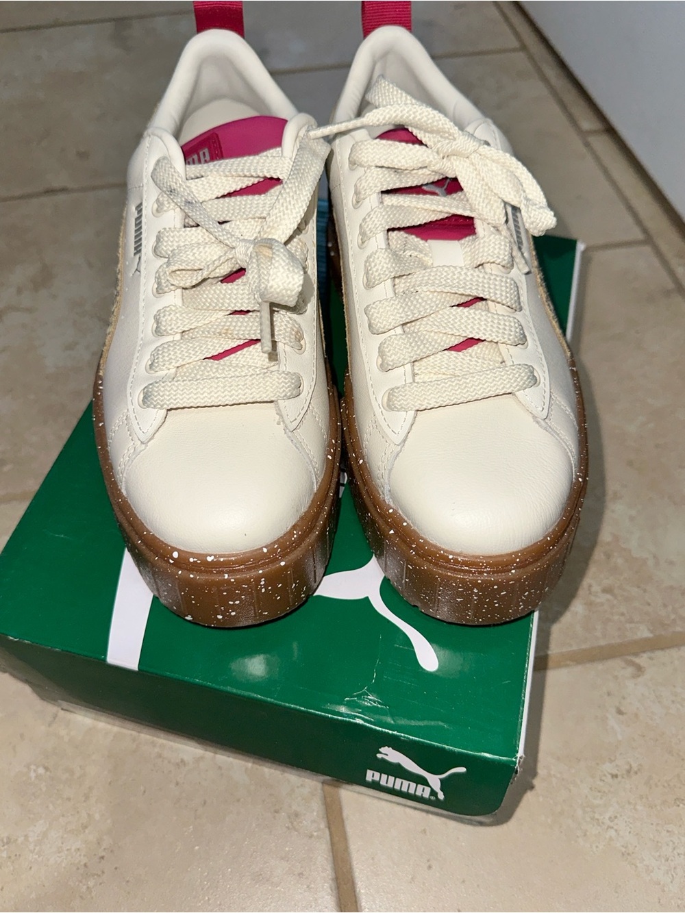 Puma Cream Platform Sneakers with Pink Tongue and Pull Tab